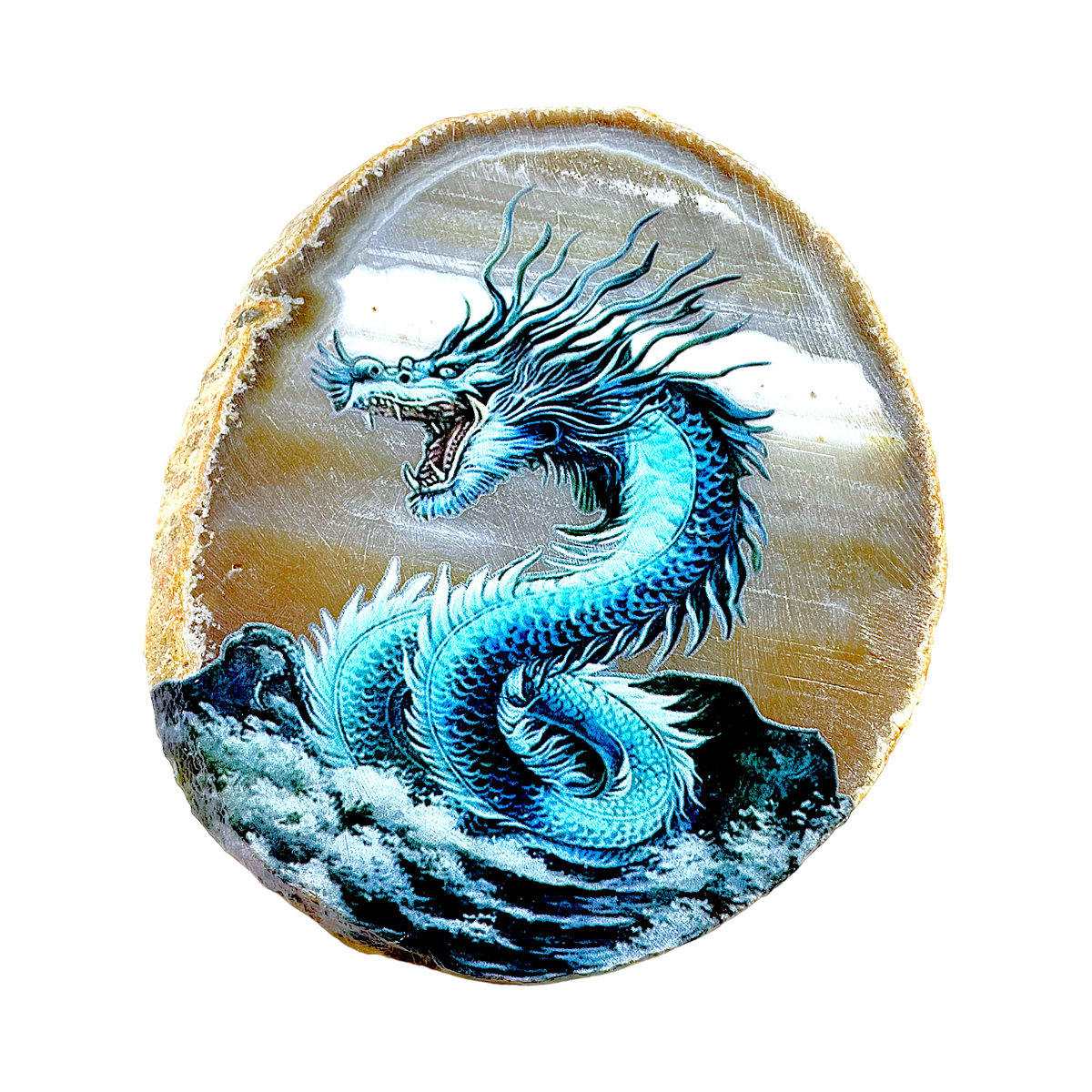 Plaque en Agate Botswana avec imprimé dragon bleu (peut présenter des défauts) - Foliesbijoux
