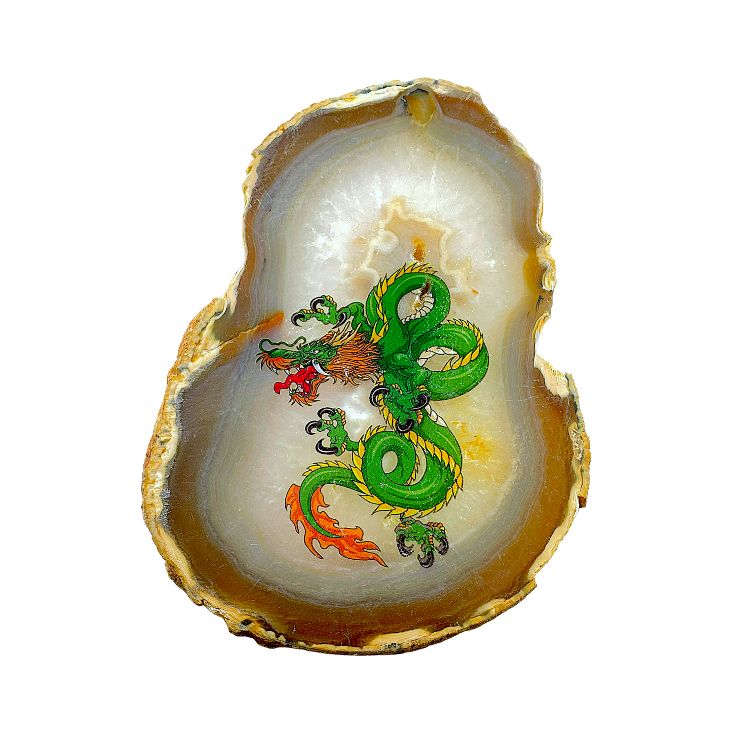 Plaque en Agate Botswana marron avec imprimé dragon vert (peut présenter des défauts) - Foliesbijoux