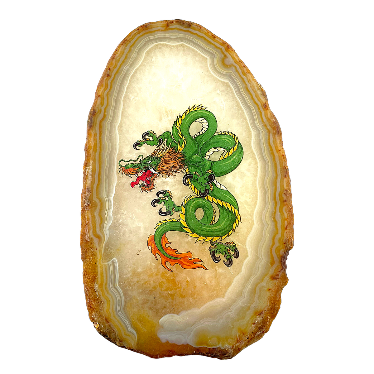 Plaque en Agate Botswana marron avec imprimé dragon vert (peut présenter des défauts) - Foliesbijoux