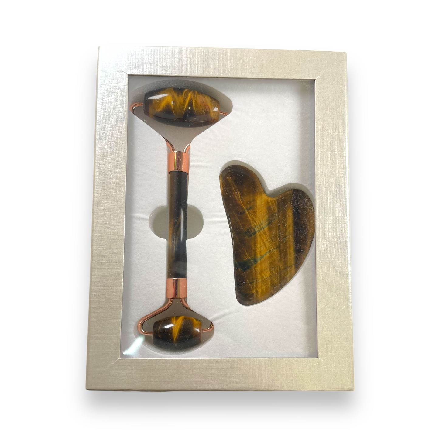 Coffret gua sha Oeil de tigre & Rouleau de massage relaxation - Foliesbijoux