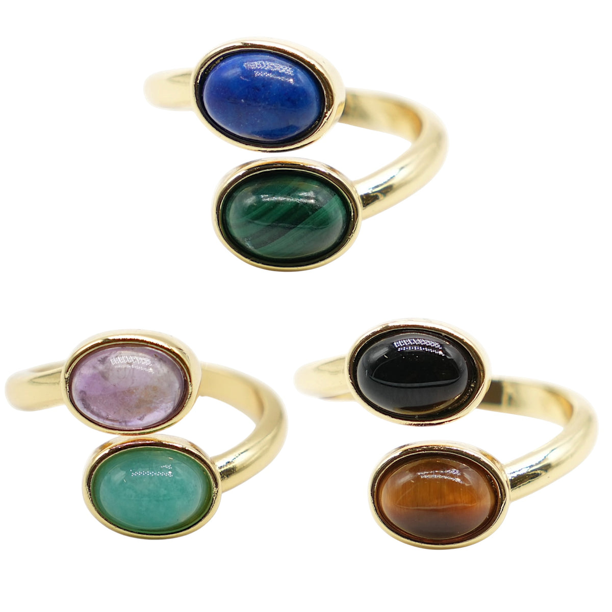 Bague DUO mix en laiton rhodié & pierre naturelle doré (Réglable)