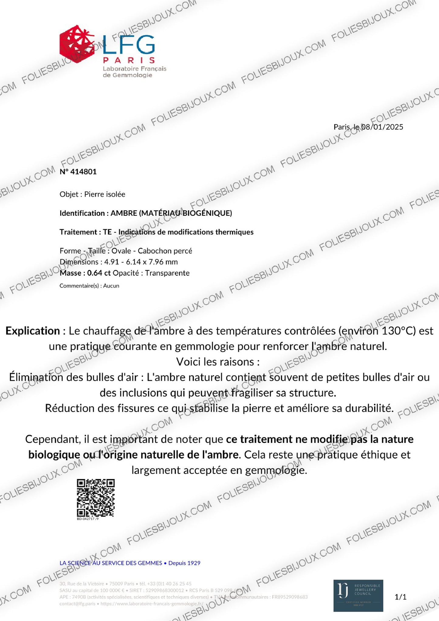 Certificat d'authenticité Ambre - Foliesbijoux