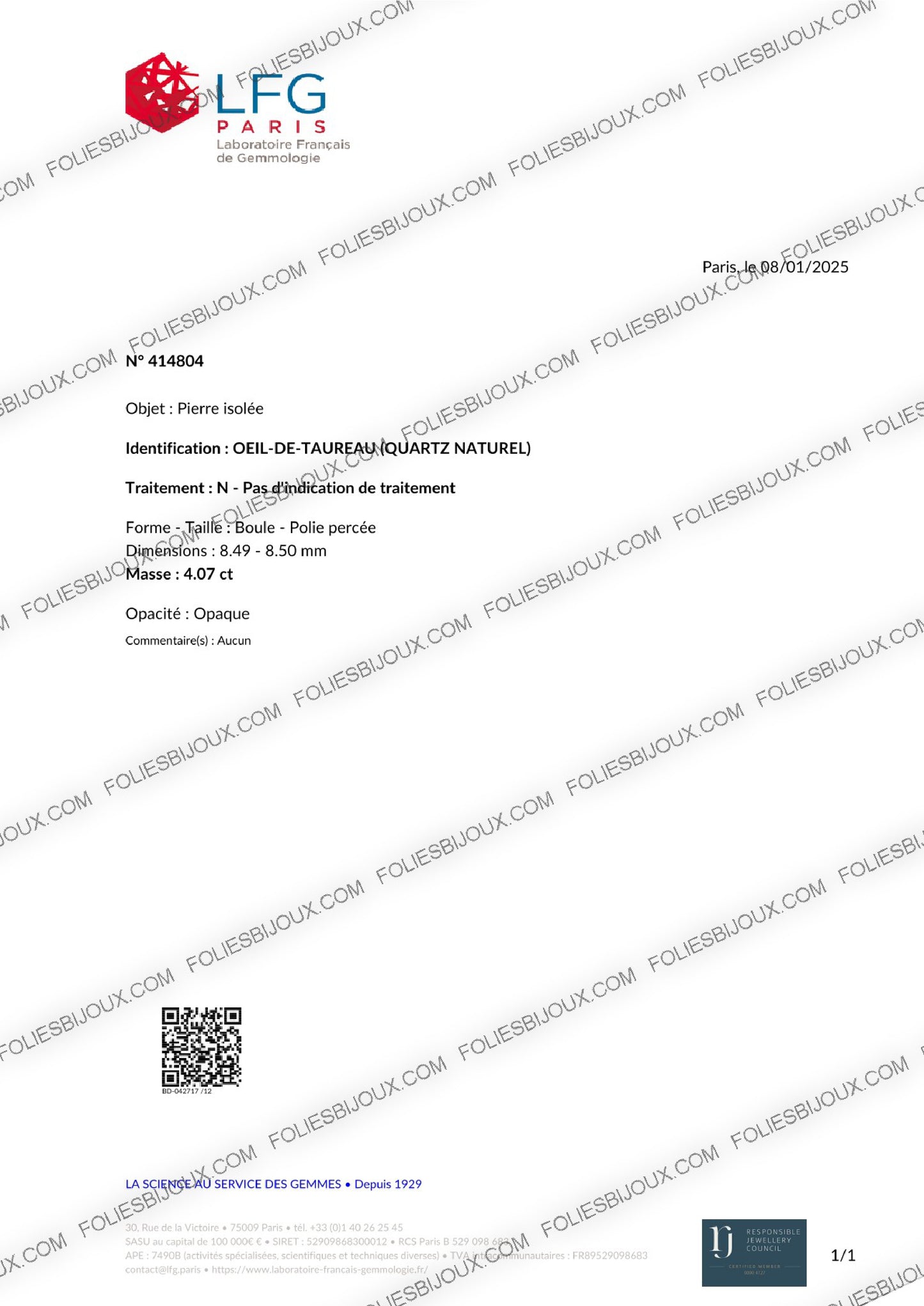 Certificat d'authenticité Oeil de taureau - Foliesbijoux