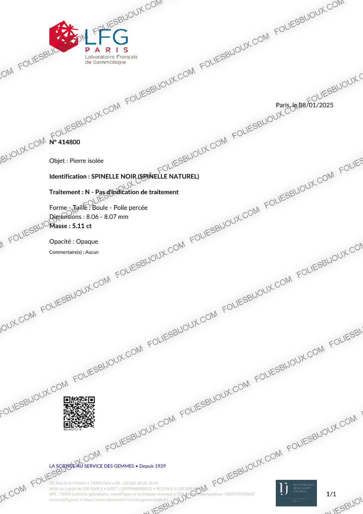 Certificat d'authenticité Spinelle noir - Foliesbijoux