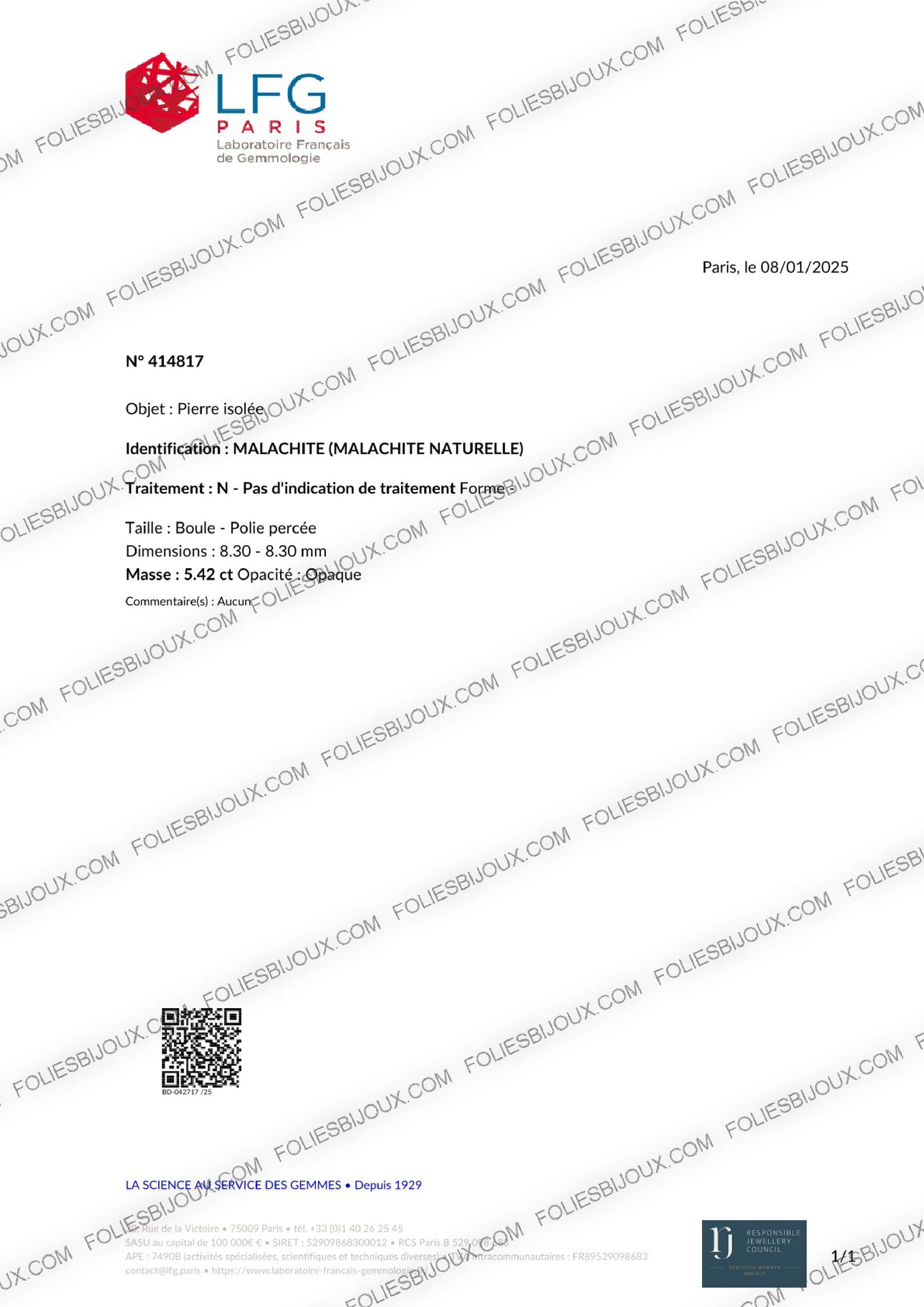 Certificat d'authenticité Malachite - Foliesbijoux