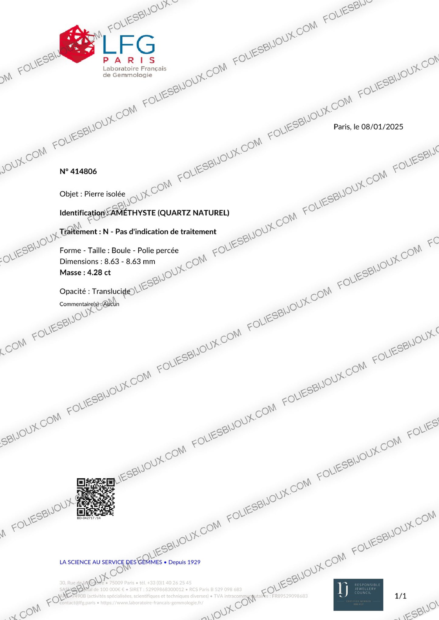 Certificat d'authenticité Améthyste - Foliesbijoux