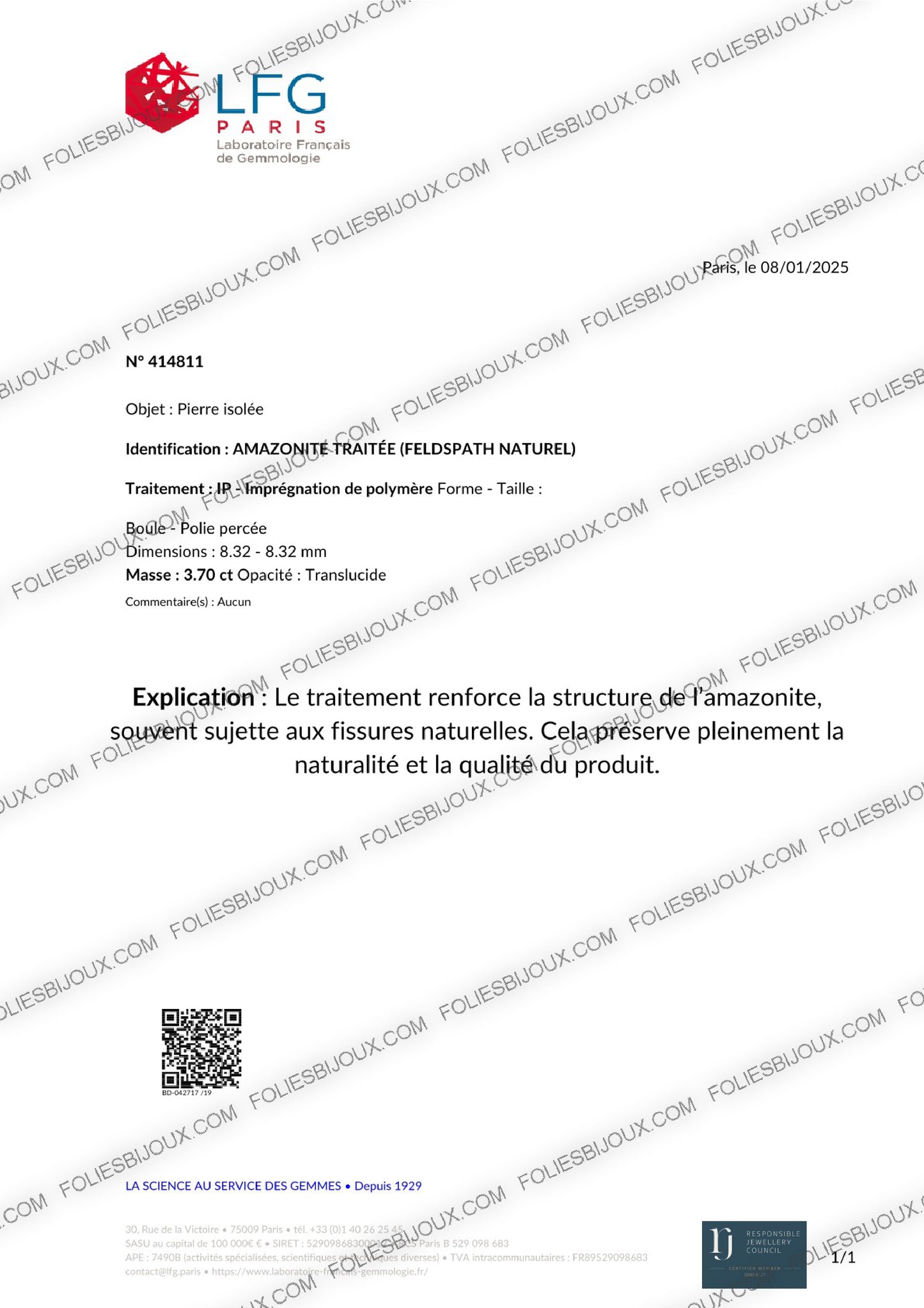 Certificat d'authenticité Amazonite - Foliesbijoux