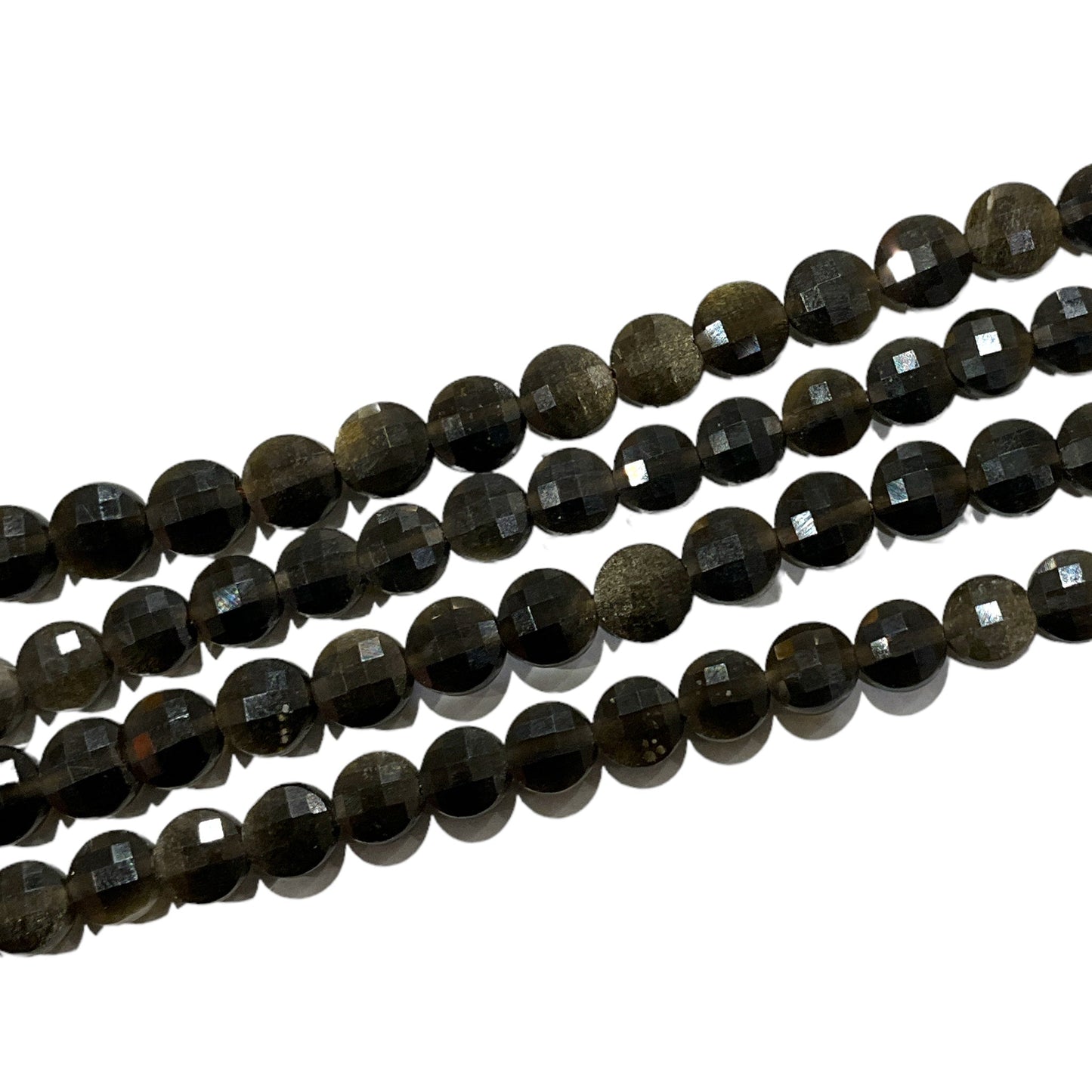 Fil Obsidienne dorée en rond plat facetté 6x6 - Foliesbijoux