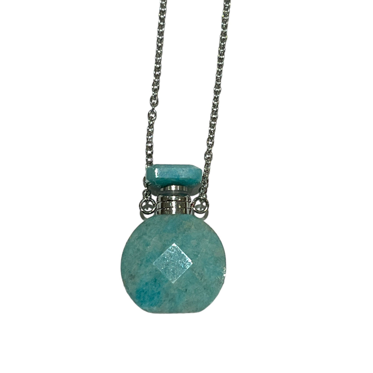 Collier fiole en amazonite forme ronde pour huile essentielle/parfum - Foliesbijoux