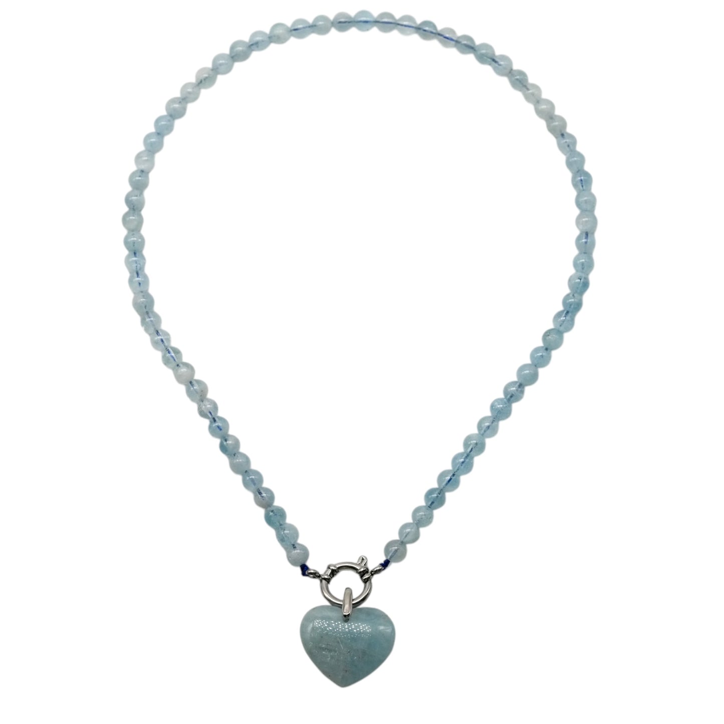 Collier en Aigue marine attache bouée en acier argenté avec pendentif coeur