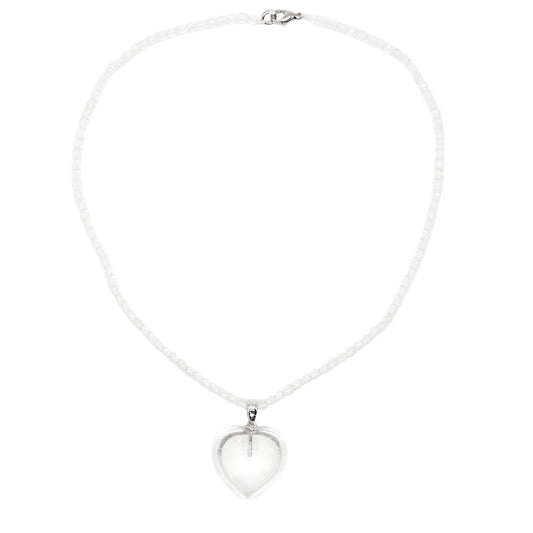 Collier facetté avec pendentif Cristal de roche forme cœur acier inoxydable argenté
