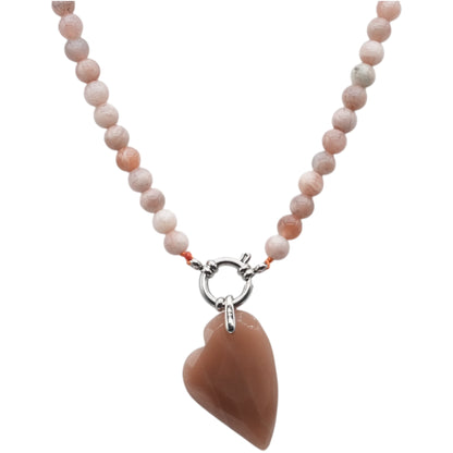 Collier boule 6 mm en Pierre de lune rose attache bouée en acier avec pendentif facetté coeur