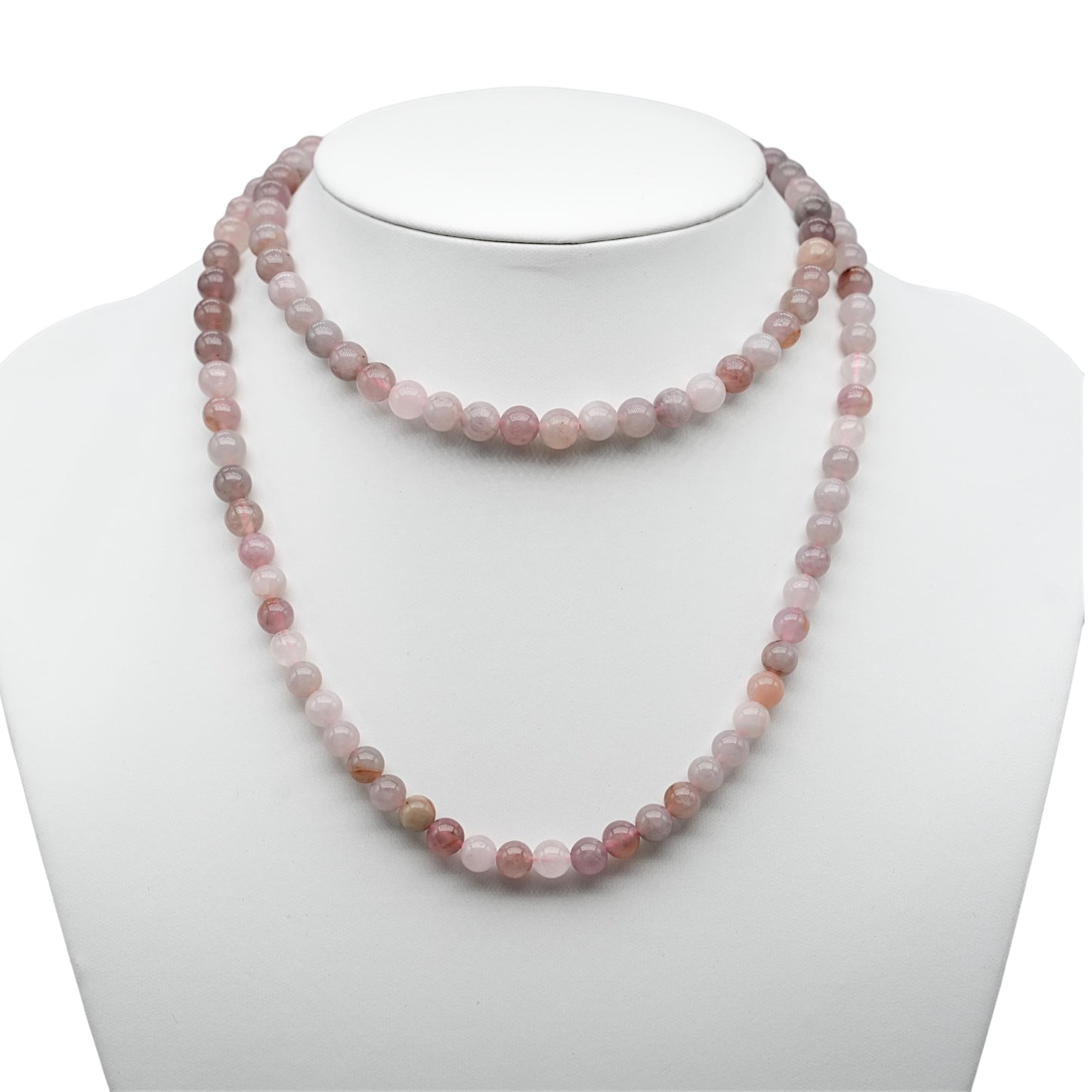 Collier sautoir 75 cm Quartz rose de Madagascar 6 mm avec fermoir en acier inoxydable argenté