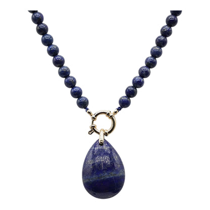 Collier boule en Lapis A attache bouée en acier doré avec pendentif