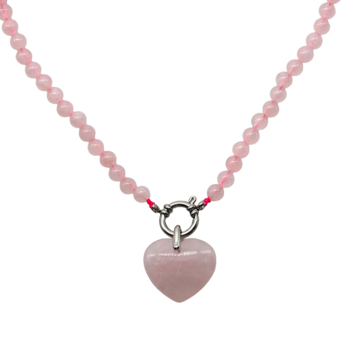 Collier en Quartz rose attache bouée en acier avec pendentif coeur