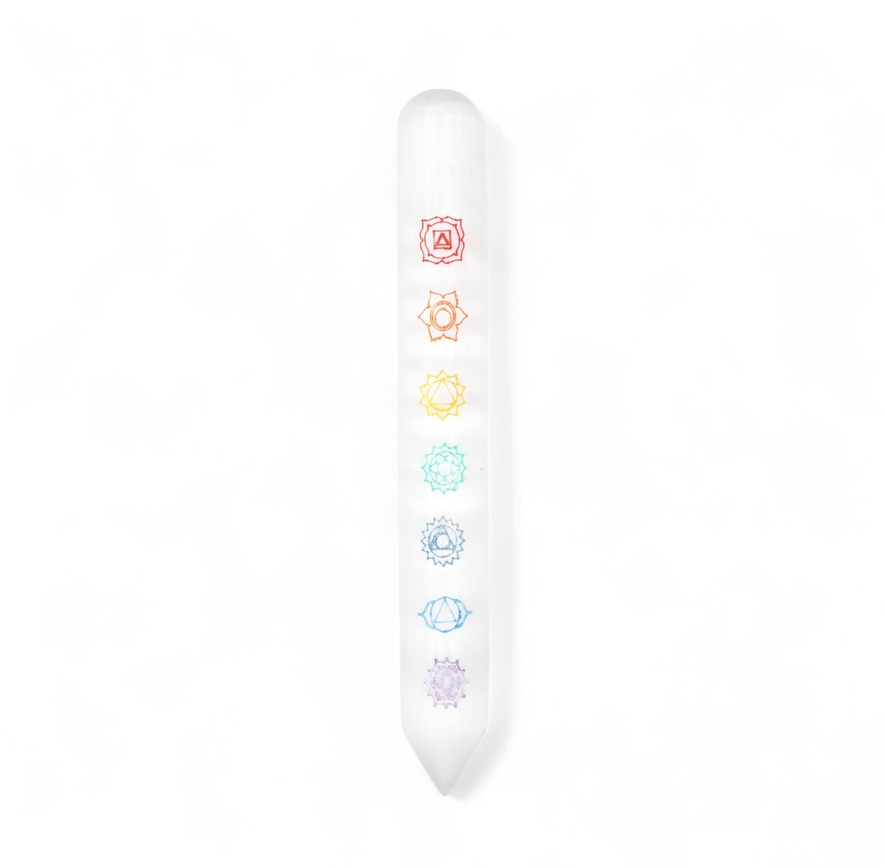 Baguette en Sélénite 7 Chakras (arrondie/pointe) (des défauts peuvent subvenir)