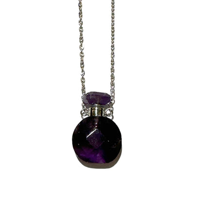 Collier fiole en amethyste forme ronde pour huile essentiel/parfum