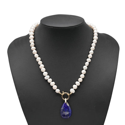 Collier perle d’eau douce 7-8 mm bouée en acier avec pendentif Lapis