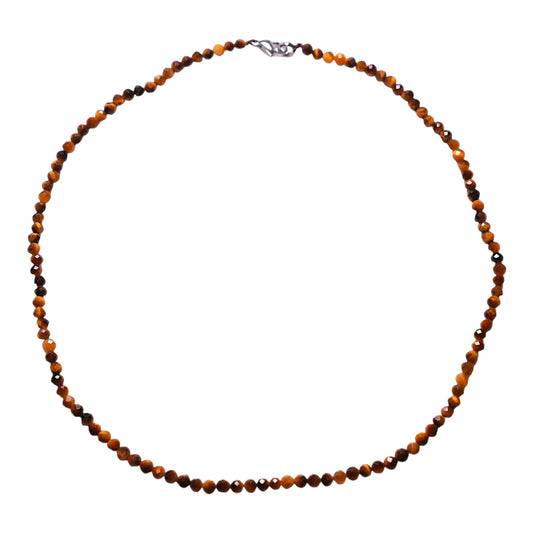 Collier en Œil de tigre perle facettée 4 mm acier inoxydable argenté