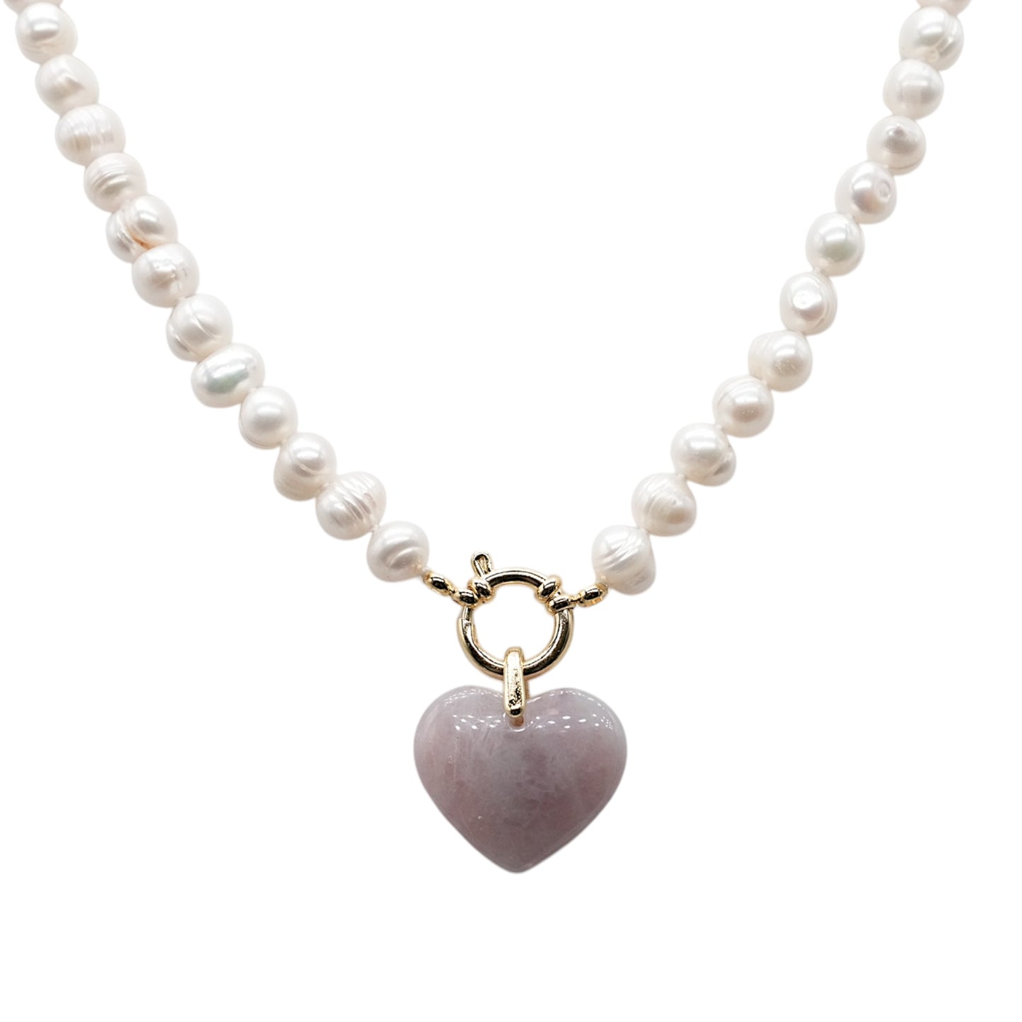 Collier perle d’eau douce 7-8 mm bouée en acier doré ou argenté avec pendentif cœur Quartz rose de Madagascar