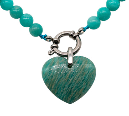 Collier boule en Amazonite du Perou A attache bouée en acier argenté avec pendentif coeur