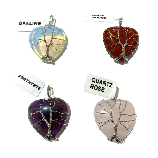 Pendentif en arbre de vie forme coeur argenté