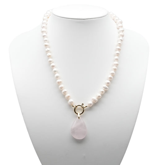 Collier perle d’eau douce 7-8 mm bouée en acier doré ou argenté avec pendentif Quartz rose