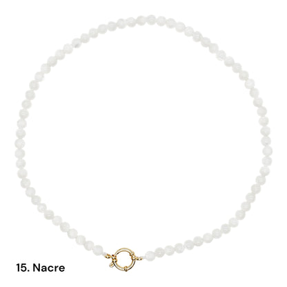 Collier 43 cm 6 mm avec fermoir bouée en acier inoxydable dorée ou argenté (20 pierres disponibles)