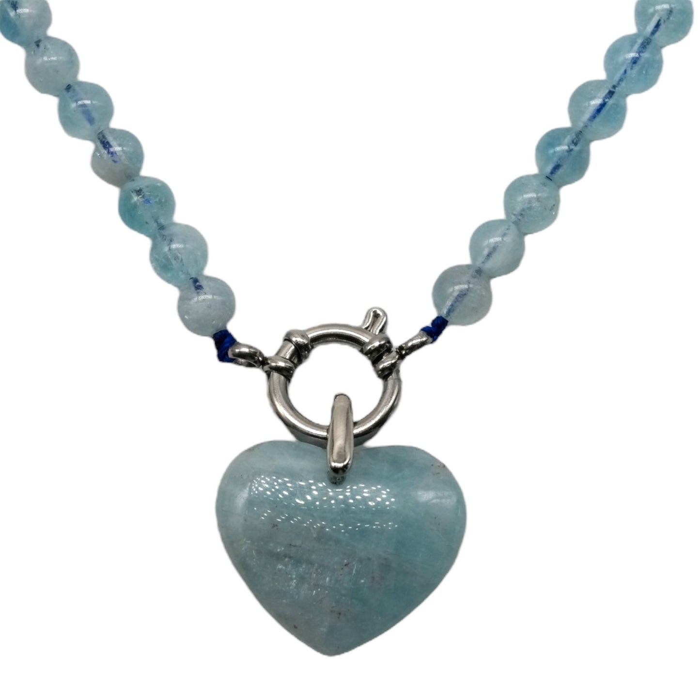 Collier en Aigue marine attache bouée en acier argenté avec pendentif coeur