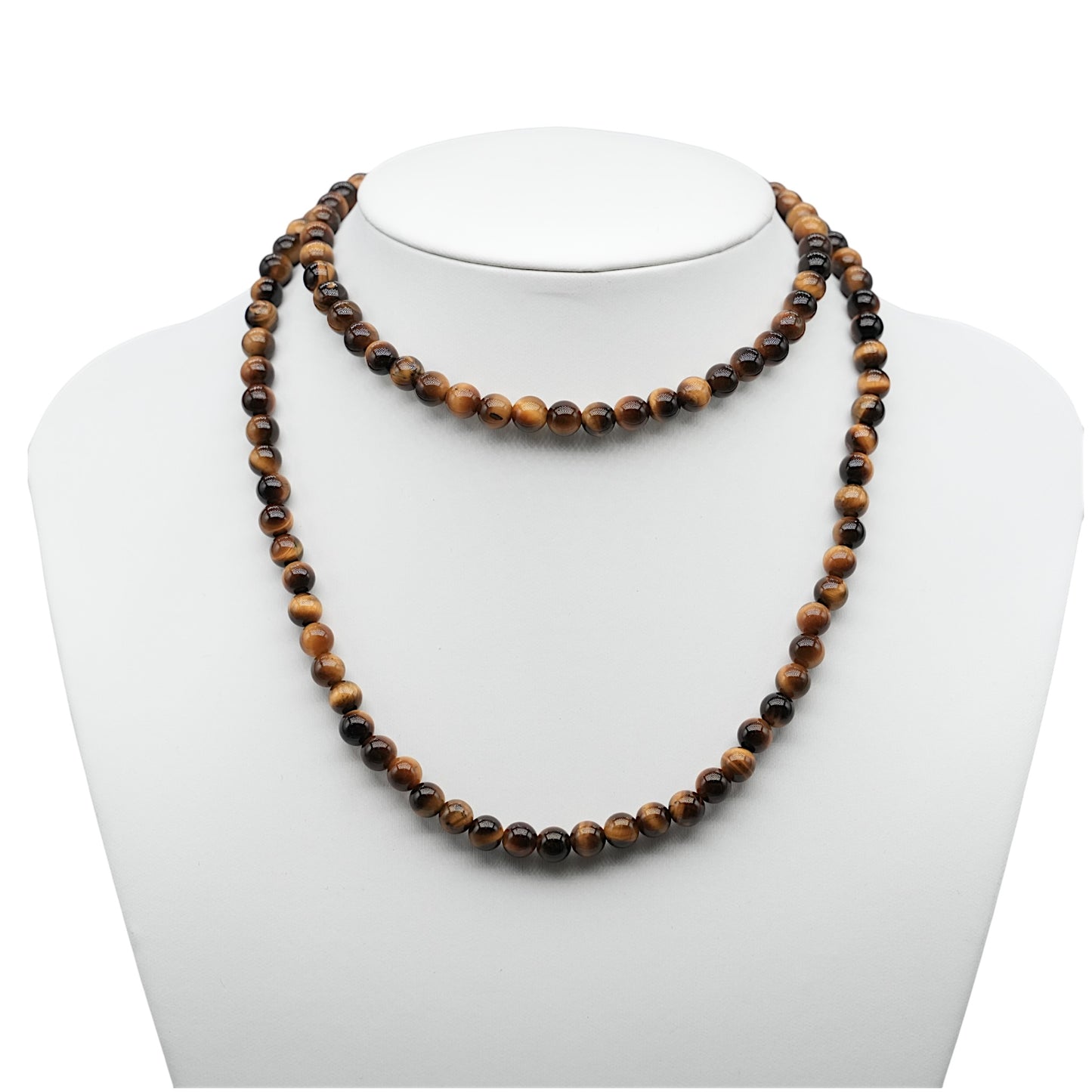 Collier sautoir 75 cm Oeil de tigre 6 mm avec fermoir en acier inoxydable argenté - Foliesbijoux