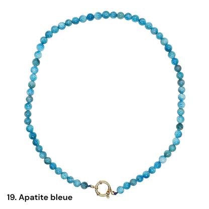 Collier 43 cm 6 mm avec fermoir bouée en acier inoxydable dorée ou argenté (20 pierres disponibles)