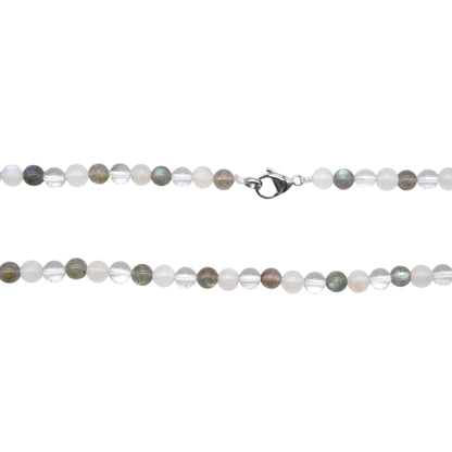 Collier Énergie spirituelle AA avec fermoir acier inoxydable — Pierre de lune bleutée A, Labradorite A & cristal de roche (numéro 8)