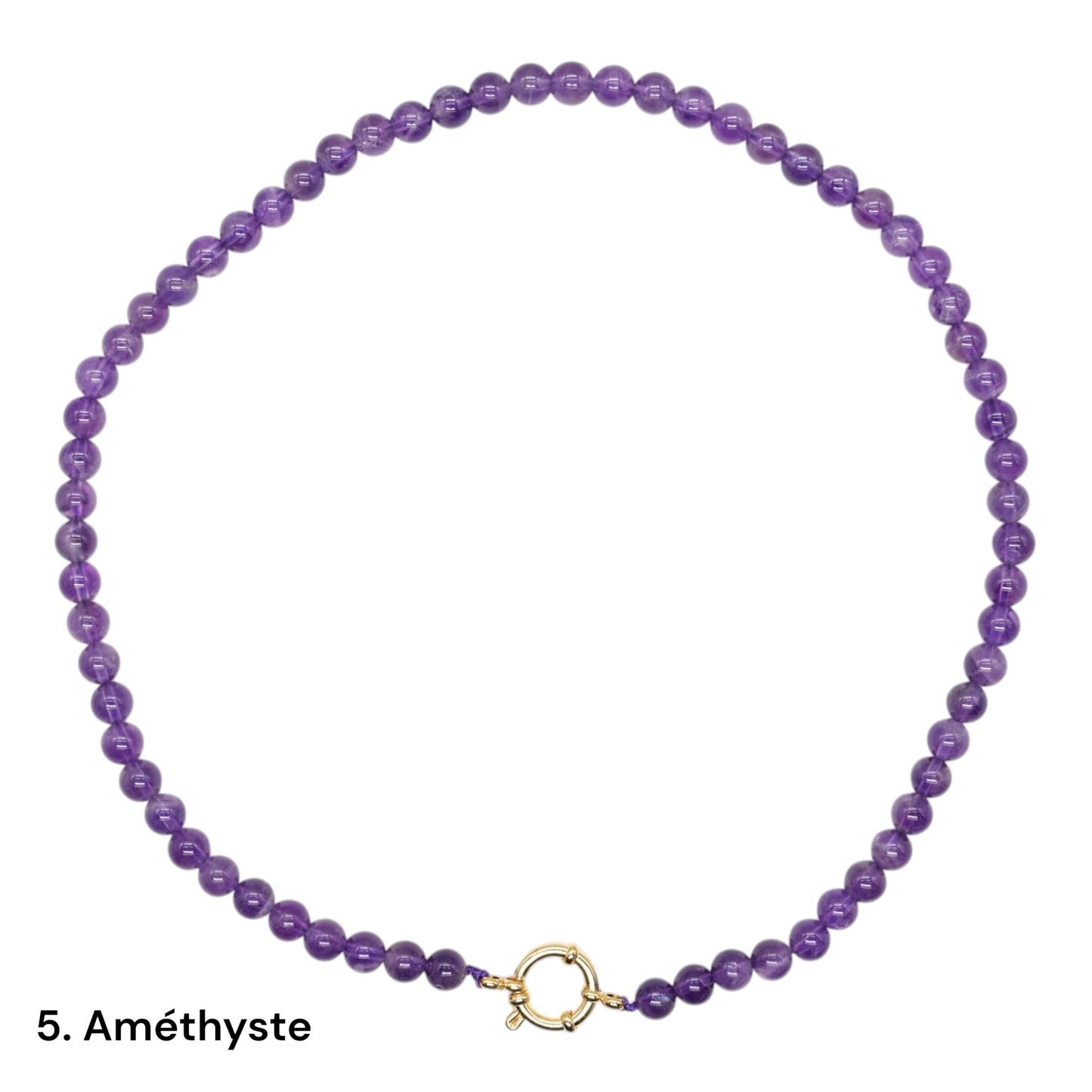 Collier 43 cm 6 mm avec fermoir bouée en acier inoxydable dorée ou argenté (20 pierres disponibles)