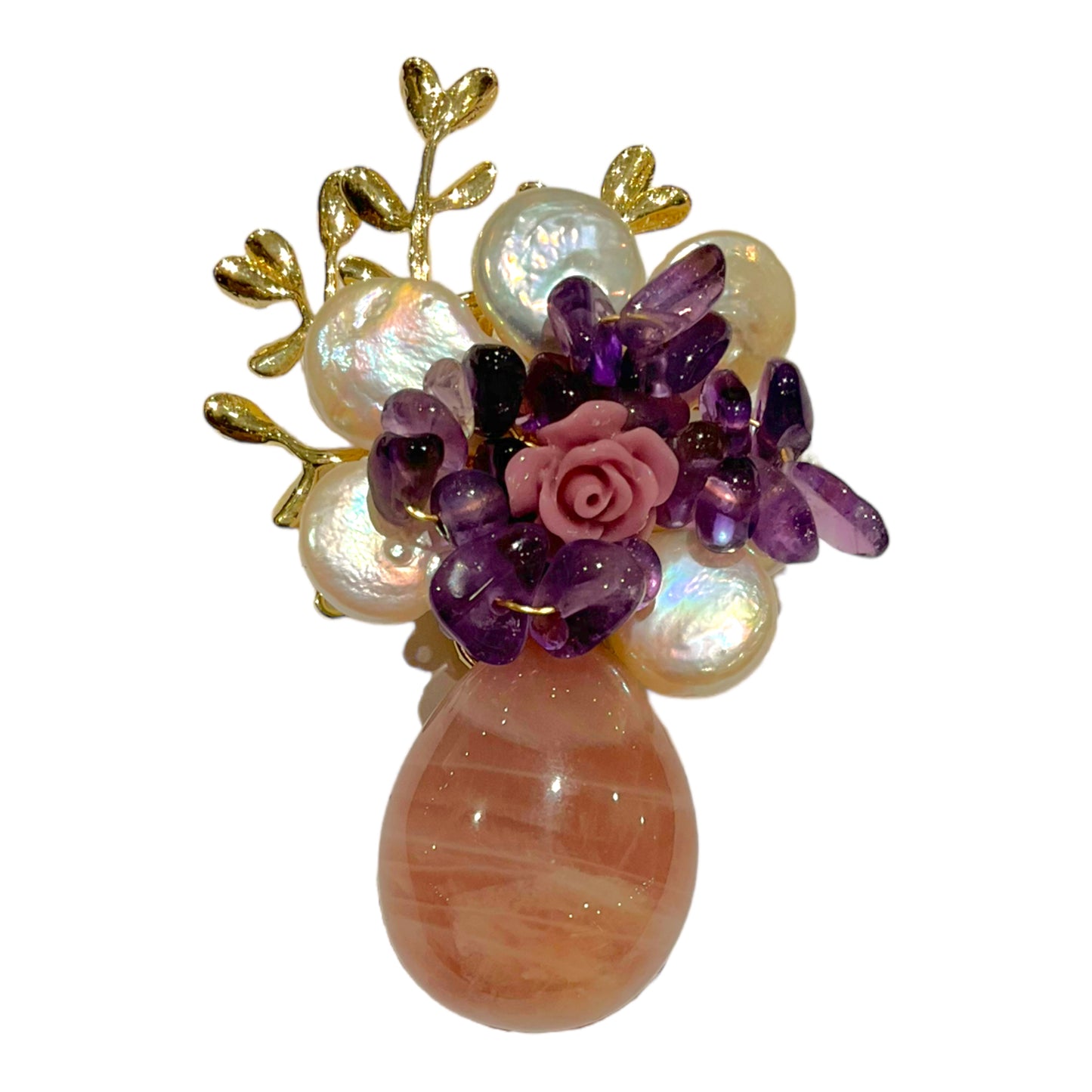 Broche fleurie en quartz rose,  améthyste & perle de rivière (Exemplaire unique)