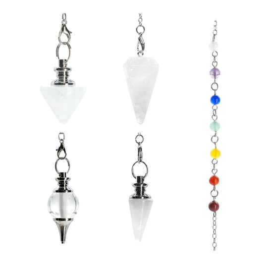 Pendule Cristal de roche avec chaine 7 chakras (4 formes disponible)
