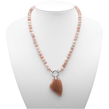 Collier boule 6 mm en Pierre de lune rose attache bouée en acier avec pendentif facetté coeur