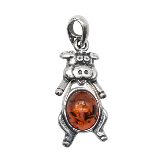 Pendentif ambre & argent Cochon #52