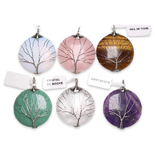 Pendentif en arbre de vie forme ronde argenté - Foliesbijoux