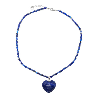 Collier facetté avec pendentif Lapis forme cœur acier inoxydable argenté