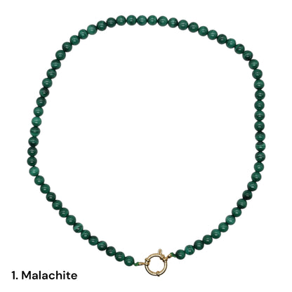 Collier 43 cm 6 mm avec fermoir bouée en acier inoxydable dorée ou argenté (20 pierres disponibles)