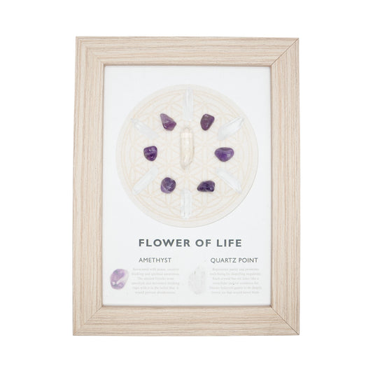 Cadre énergétique Fleur de Vie Améthyste & Quartz — Harmonie & Énergie Positive 20,5x15.5 cm