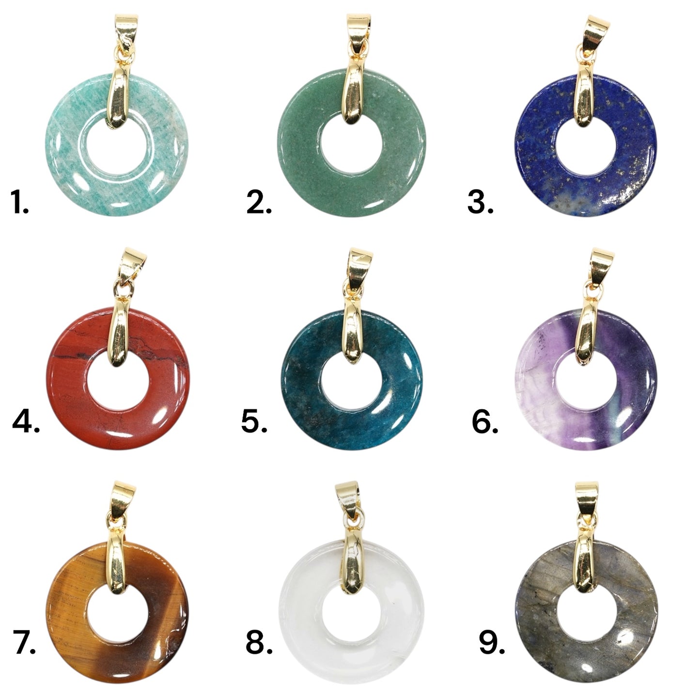 Pendentif donut 25 mm — Bélière dorée ou argentée (11 pierres disponible)