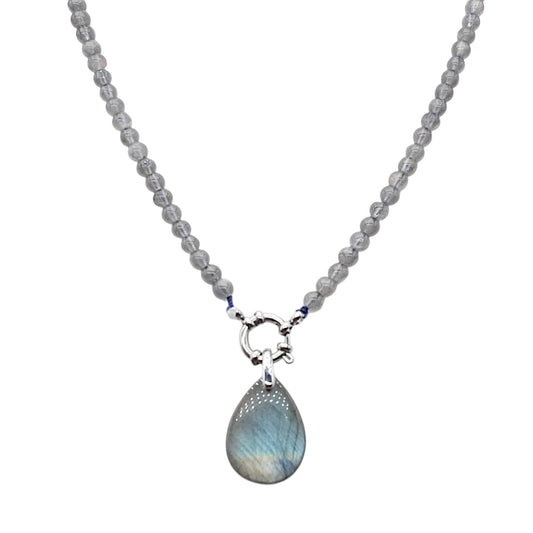 Collier boule en Labradorite attache bouée en acier argenté avec pendentif