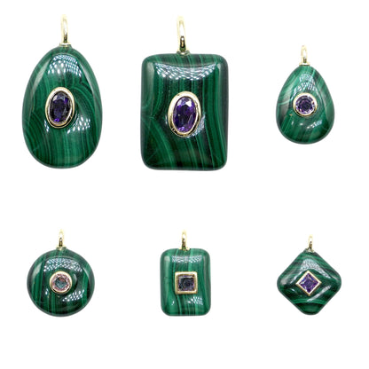Collier/Pendentif en Malachite avec pierre Zircon couleur aléatoire (9 formes disponible)