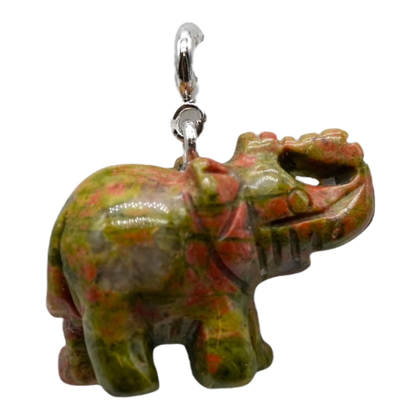 Pendentif éléphant argenté en Unakite (Trompe en l’air — symbole de bonne fortune et de prospérité)