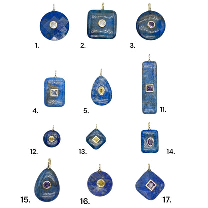Pendentif en lapis avec pierre Zircon couleur aléatoire (11 formes disponible)