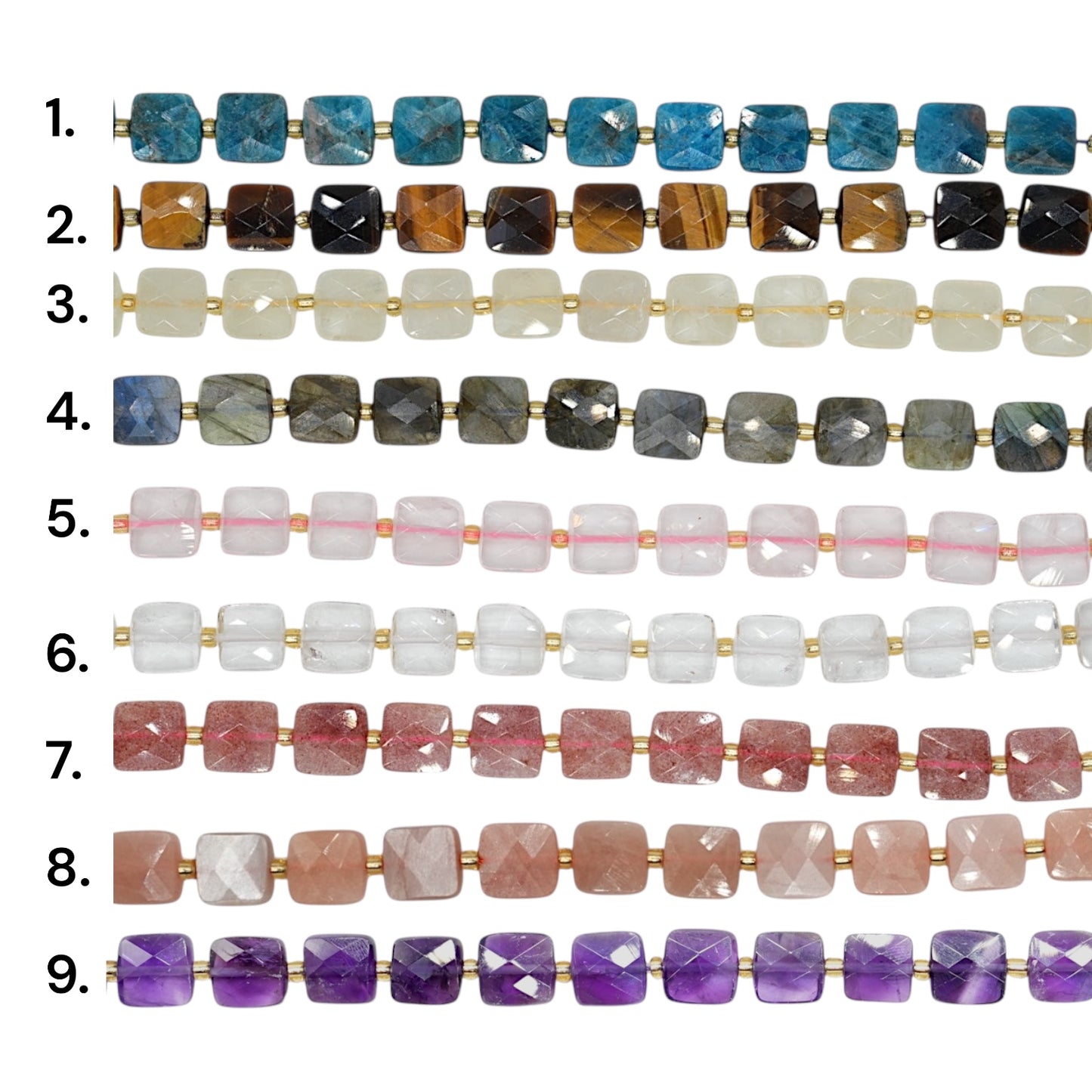 Fil de perles carrés facettés 10 mm (9 pierres disponible)