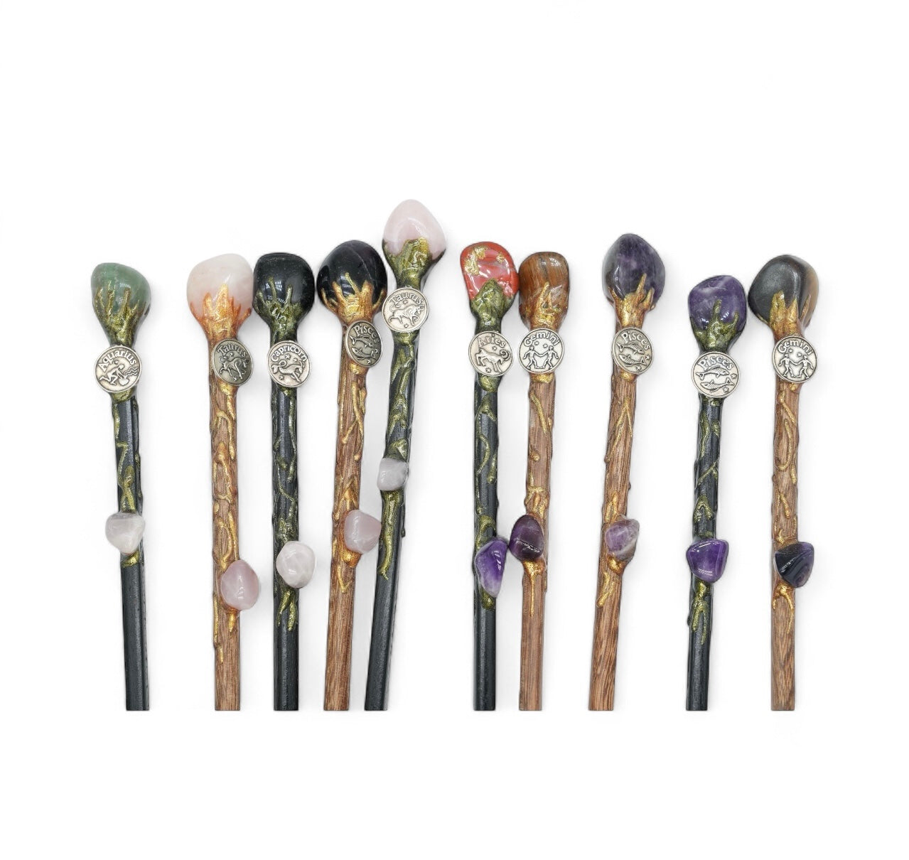 Baguette magique en pierre artisanale & signe astro pour rituel & méditation 35 cm à l’unité aléatoire