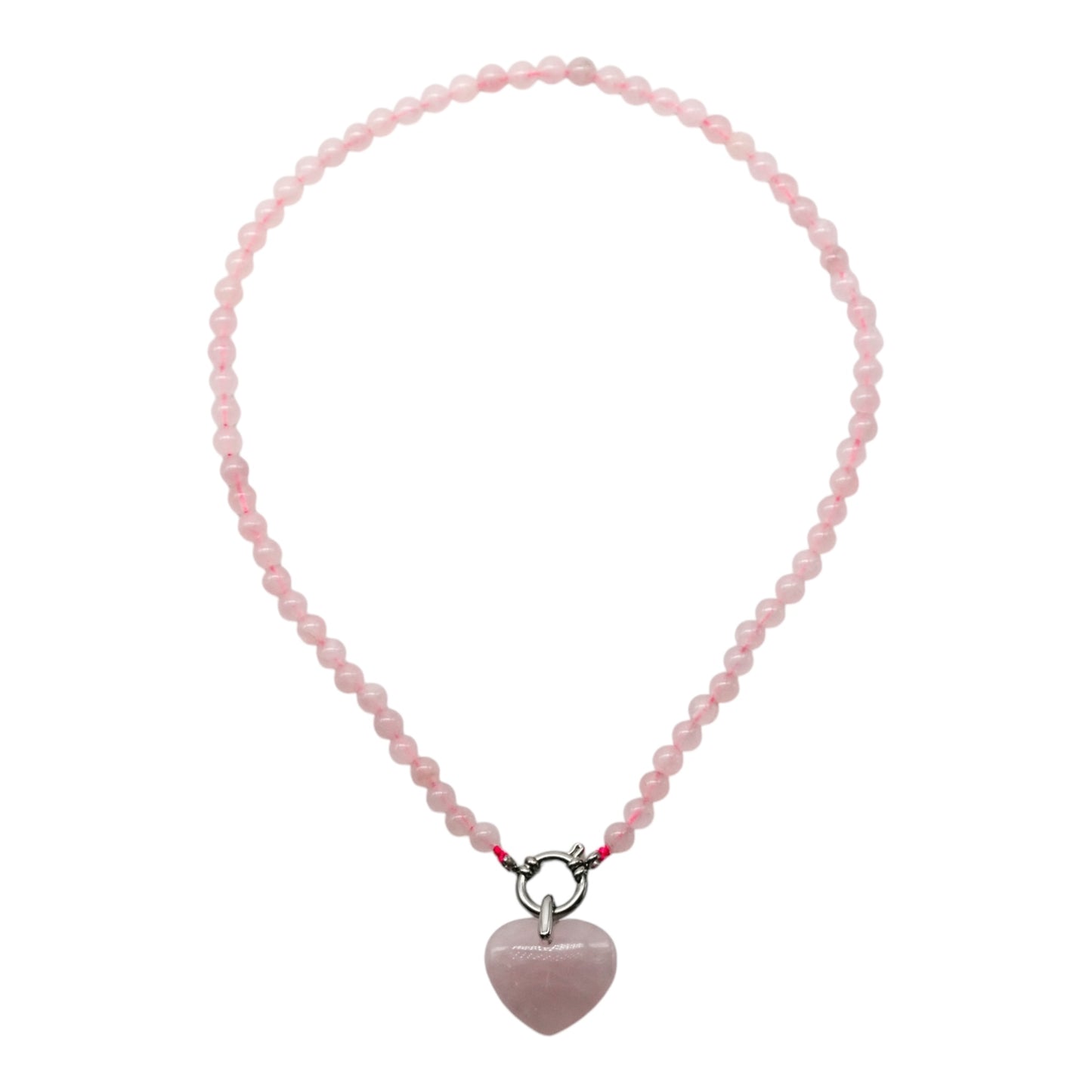 Collier en Quartz rose attache bouée en acier avec pendentif coeur