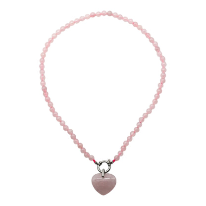 Collier en Quartz rose attache bouée en acier avec pendentif coeur